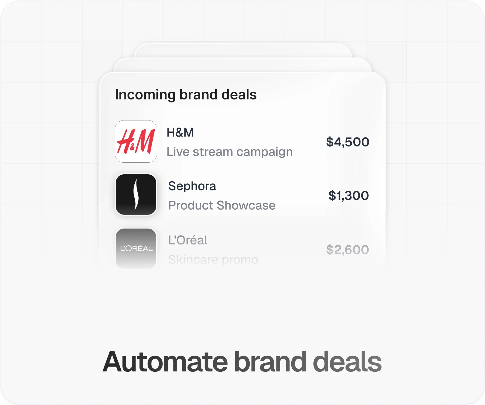 Incoming brand deals list with payout amounts in TwinTone